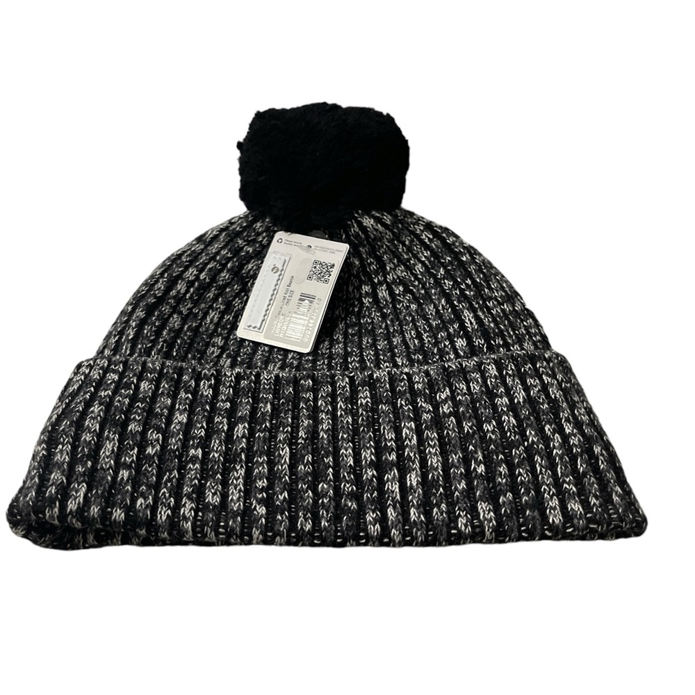 Lululemon Women's Knit Beanie Hat  Black/Gray Textured Fleece-Lined One Size NWT